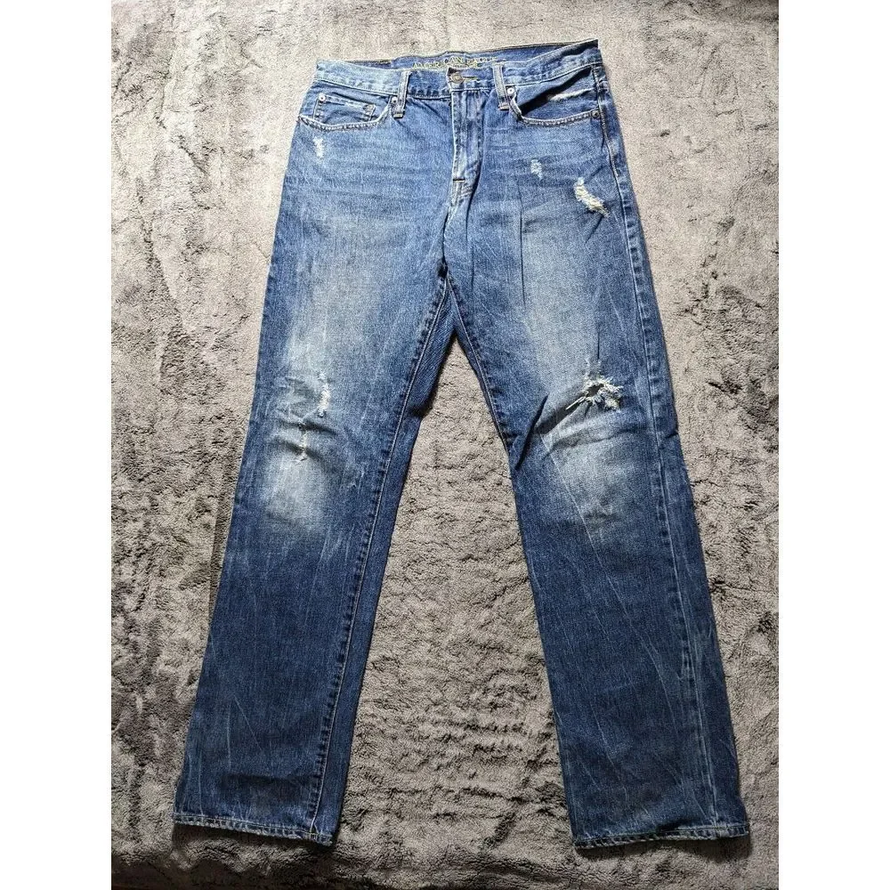 American Eagle Distressed Relaxed Straight Men's Jeans Size 32x34 Medium Wash